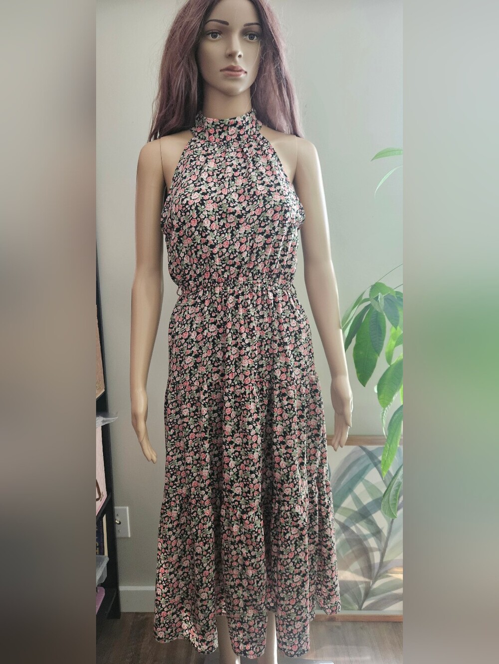 SHEIN Black Maxi Dress with Pink Floral Print Halter